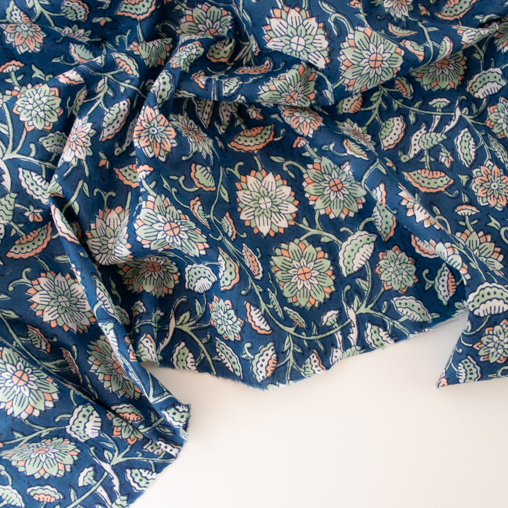 Block Print Cotton - Deep Sea Vine