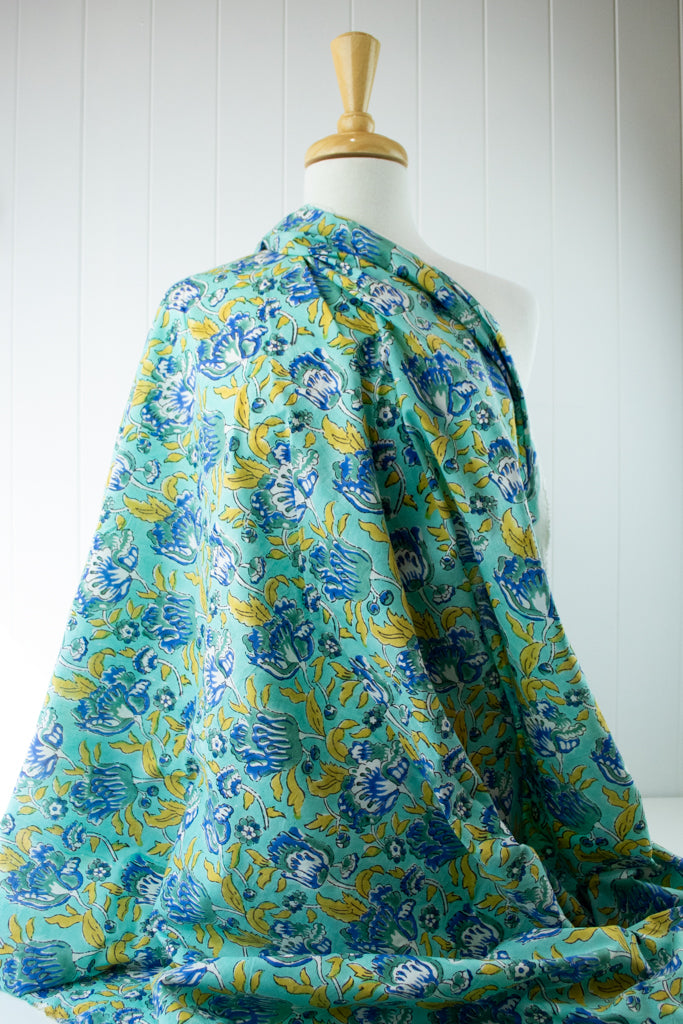 Block Print Cotton - Jade Tulips