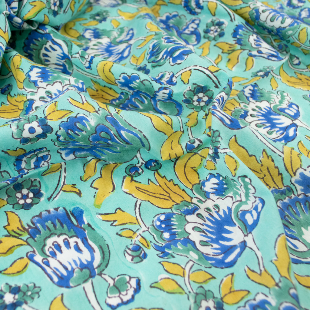 Block Print Cotton - Jade Tulips