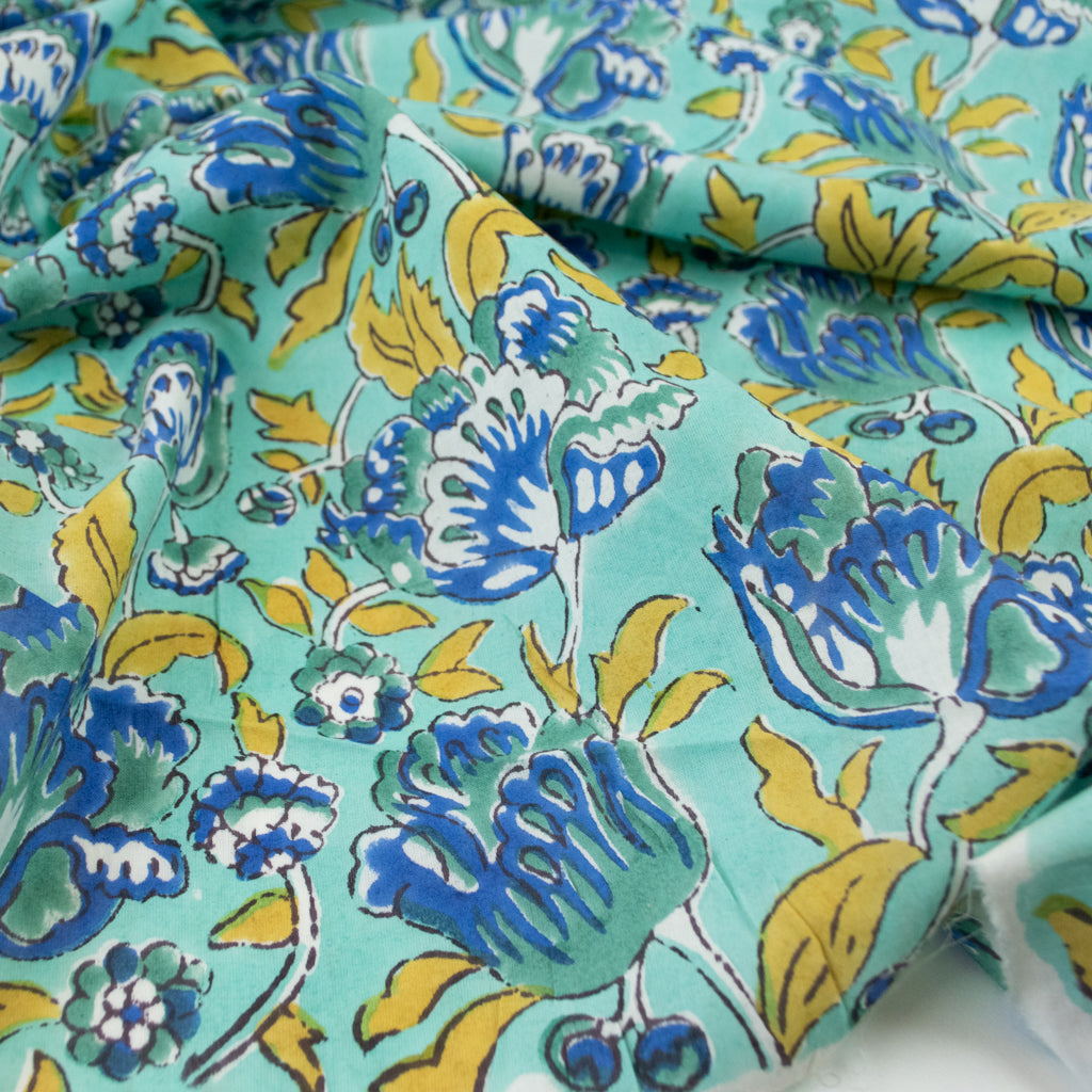 Block Print Cotton - Jade Tulips