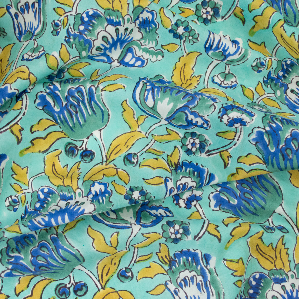 Block Print Cotton - Jade Tulips