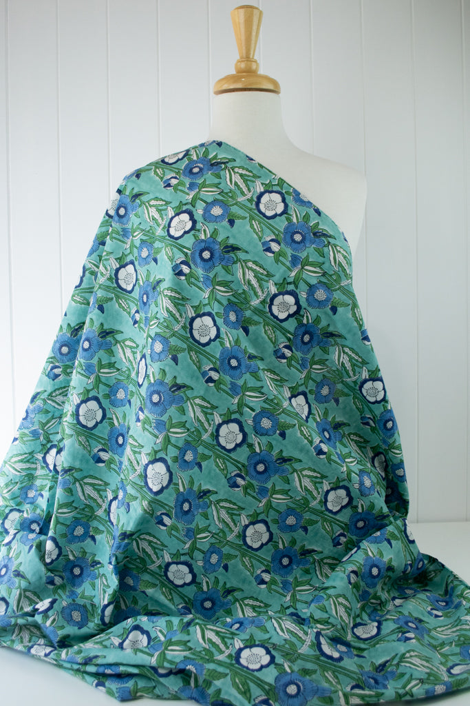 Block Print Cotton - Teal Poppies