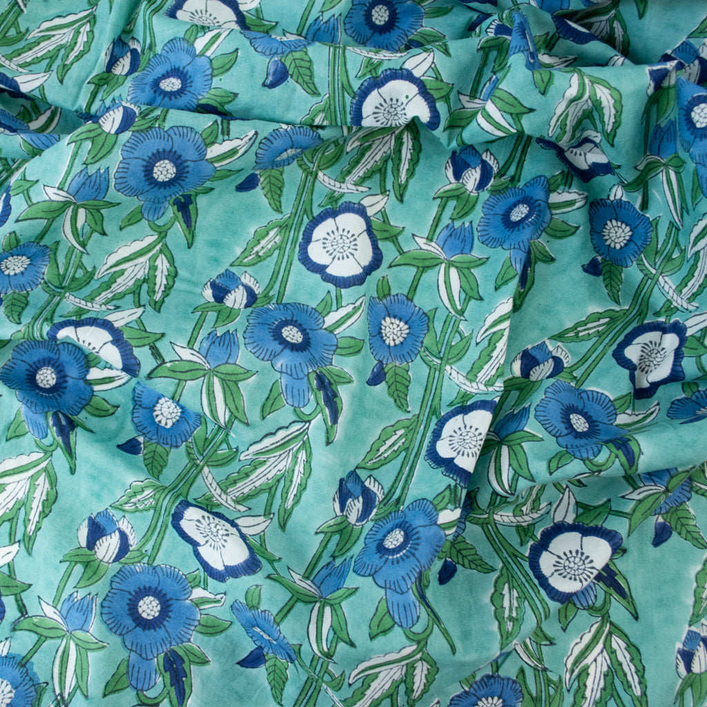 Block Print Cotton - Teal Poppies