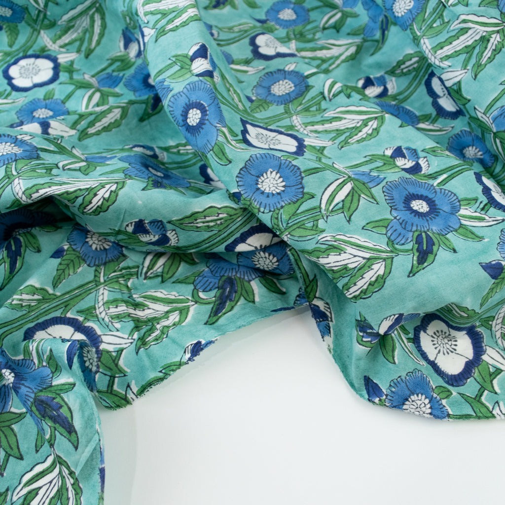 Block Print Cotton - Teal Poppies