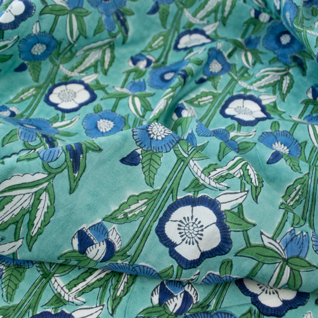 Block Print Cotton - Teal Poppies