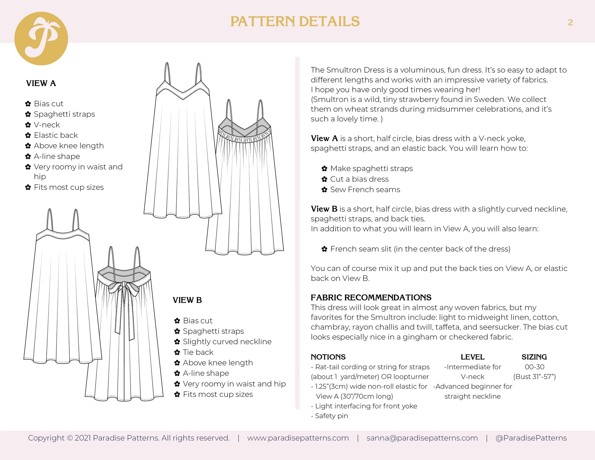 PDF Pattern for Kit - Smultron Dress | Paradise Patterns