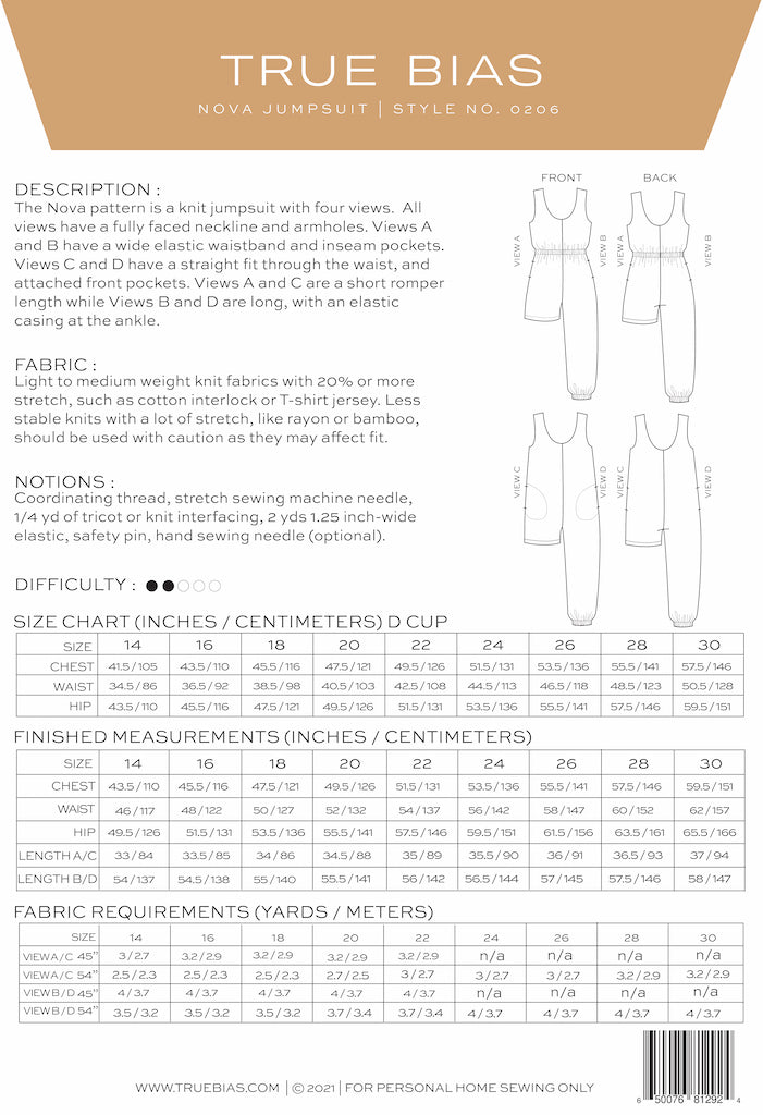 Nova Jumpsuit - Sewing Pattern | True Bias | Size 14-30