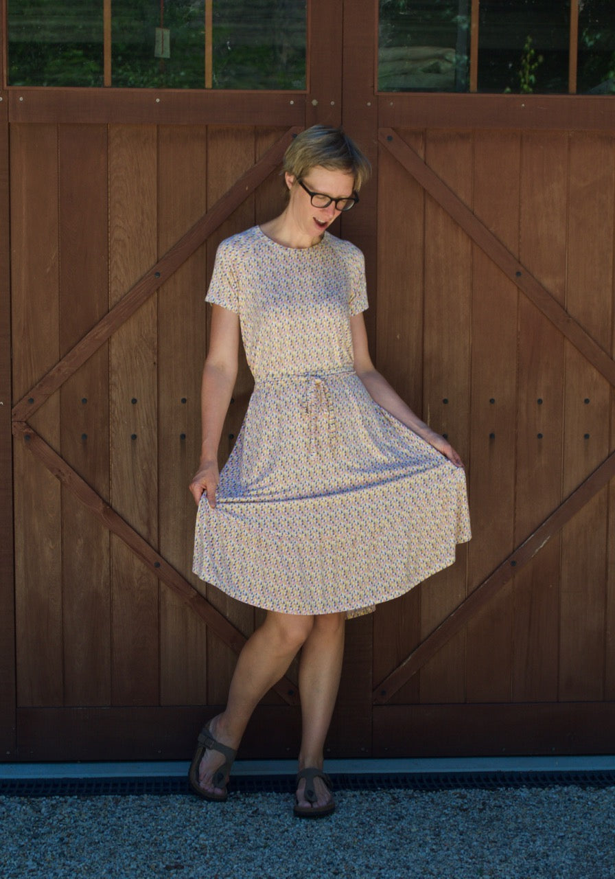 Two waterfall raglan dresses in modal knit.