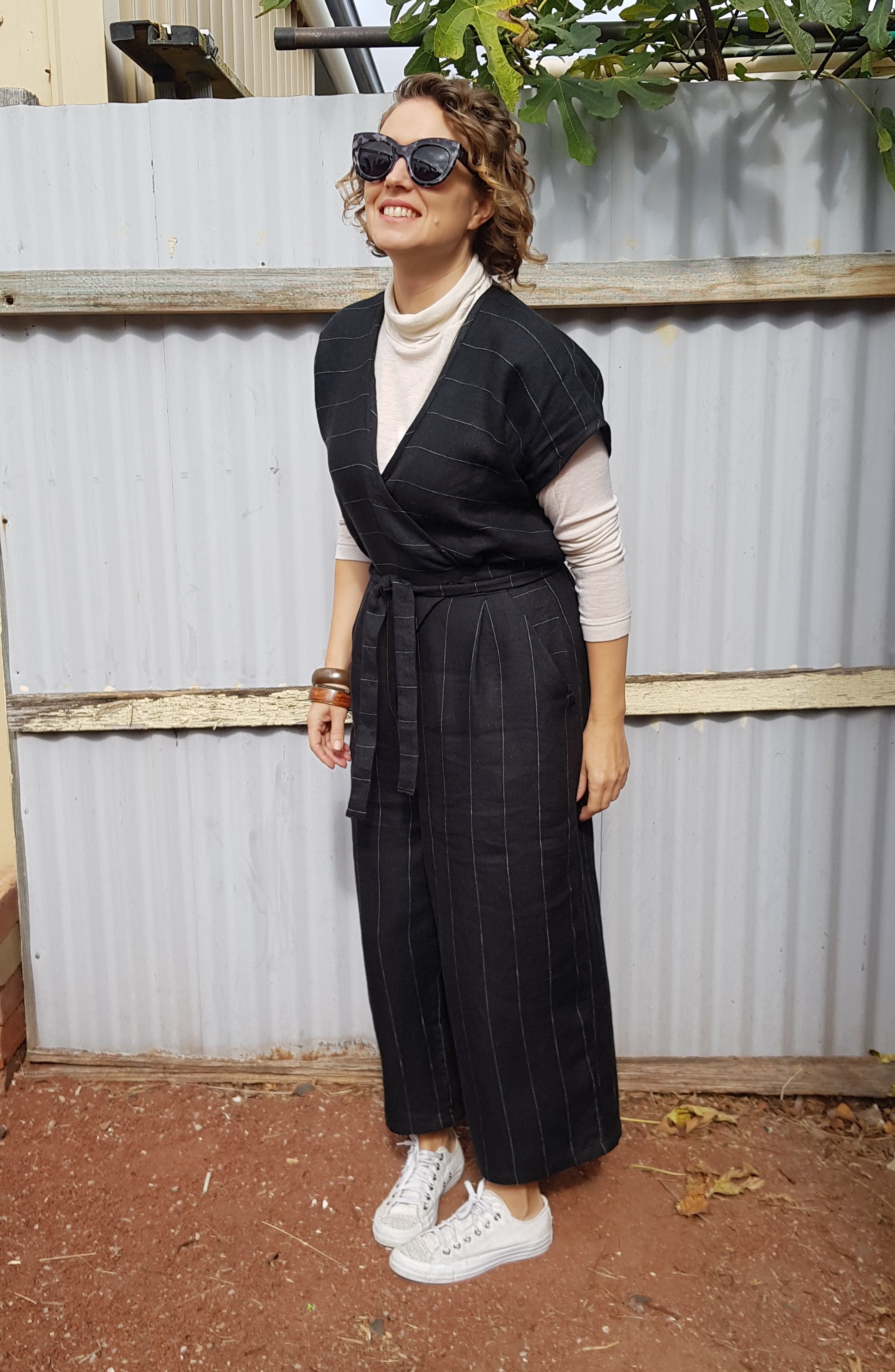Black Pinstripe Linen Zadie Jumpsuit MaaiDesign Fabrics