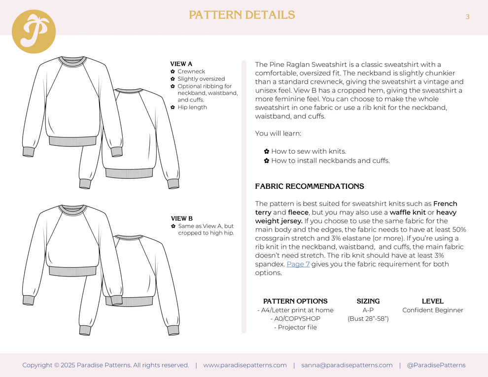 PDF Pattern - Pine Raglan | Paradise Patterns
