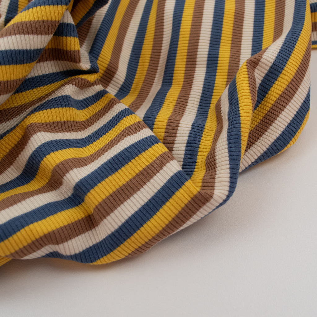 Retro Stripe Rib Rayon Jersey - Blue, Yellow &amp; Beige