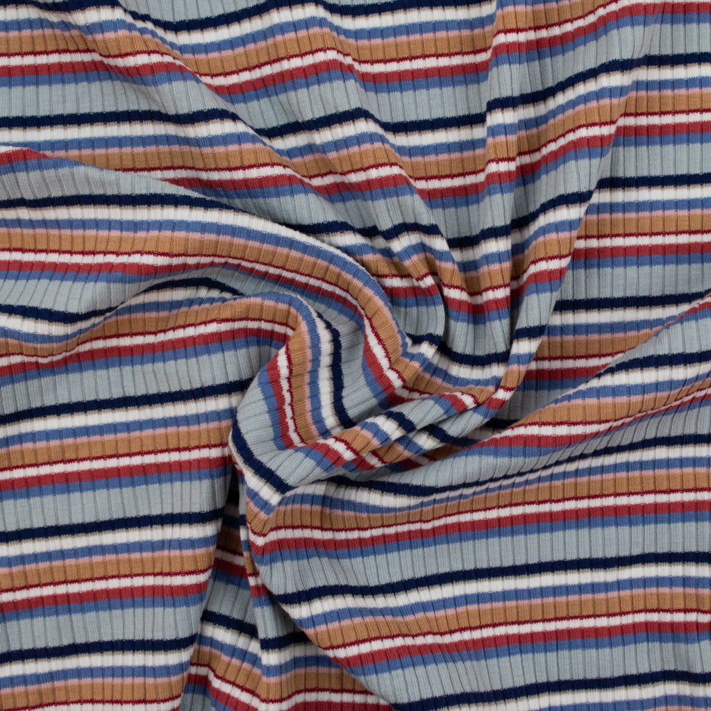 Retro Stripe Rib Cotton Jersey - Blue Beige and Red