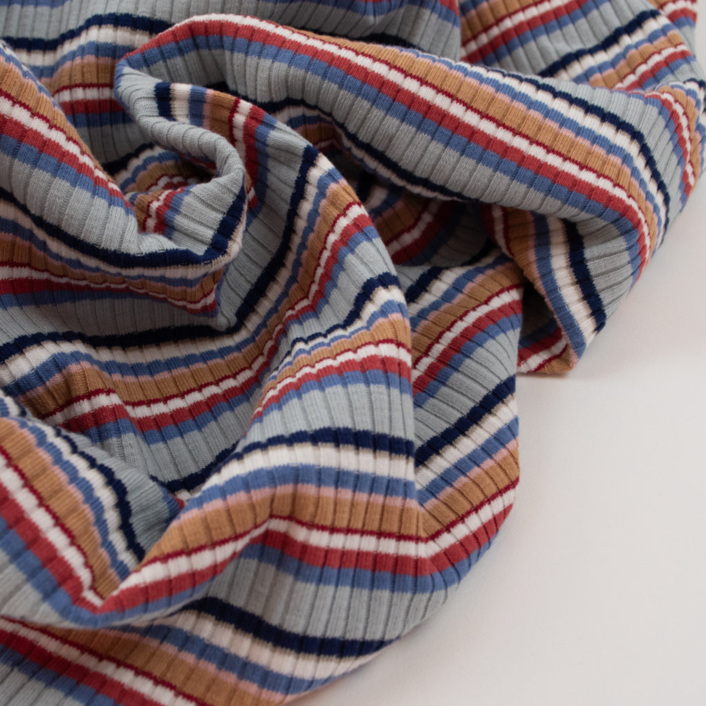 Retro Stripe Rib Cotton Jersey - Blue Beige and Red