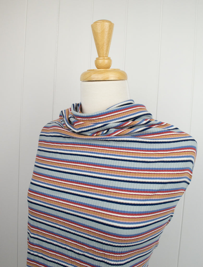Retro Stripe Rib Cotton Jersey - Blue Beige and Red