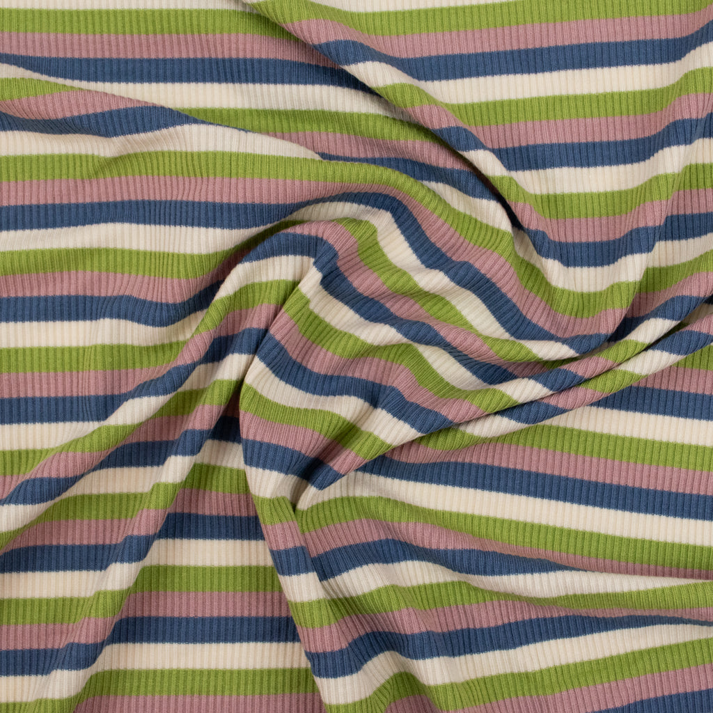 Retro Stripe Rib Rayon Jersey - Blue, Pink and Green