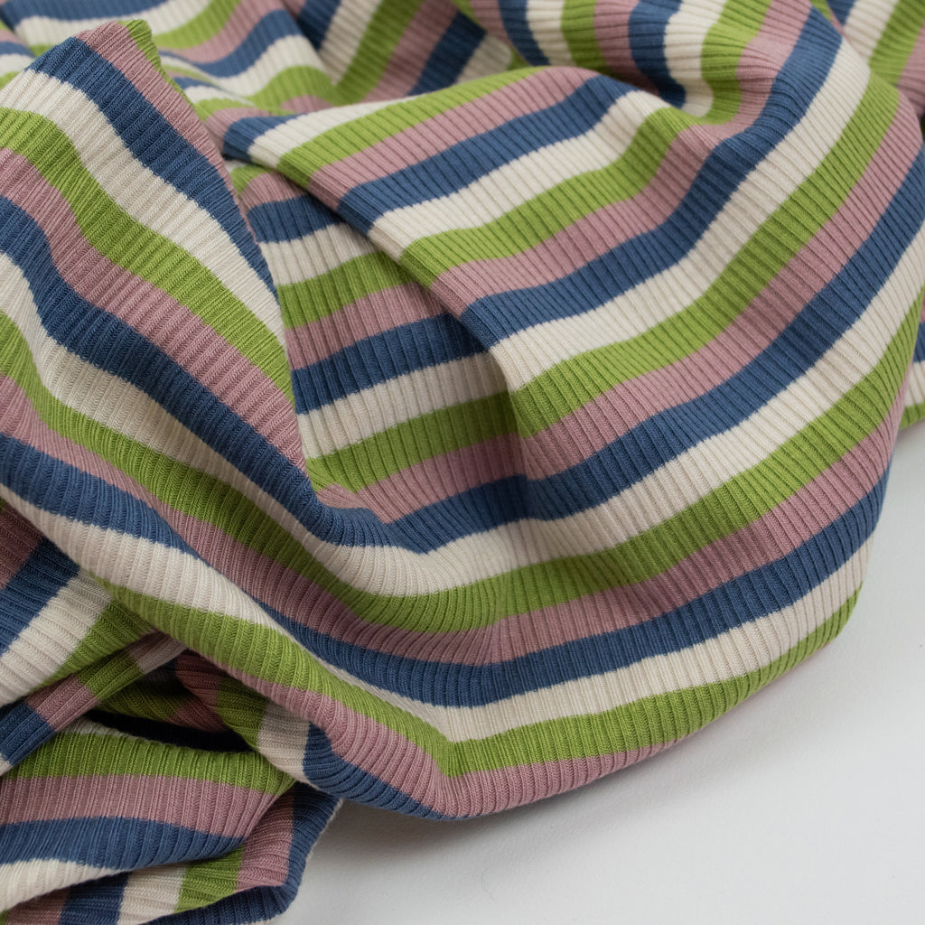 Retro Stripe Rib Rayon Jersey - Blue, Pink and Green