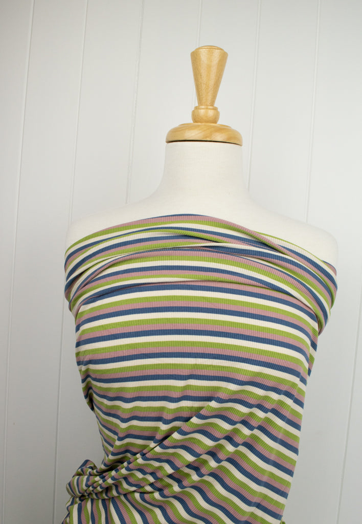 Retro Stripe Rib Rayon Jersey - Blue, Pink and Green