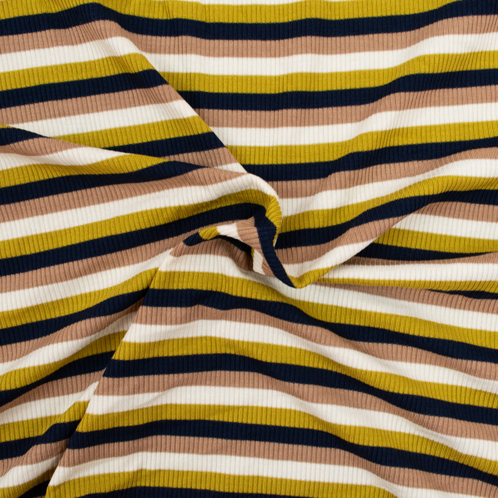 Retro Stripe Rib Rayon Jersey - Dark Navy, Mustard &amp; Beige