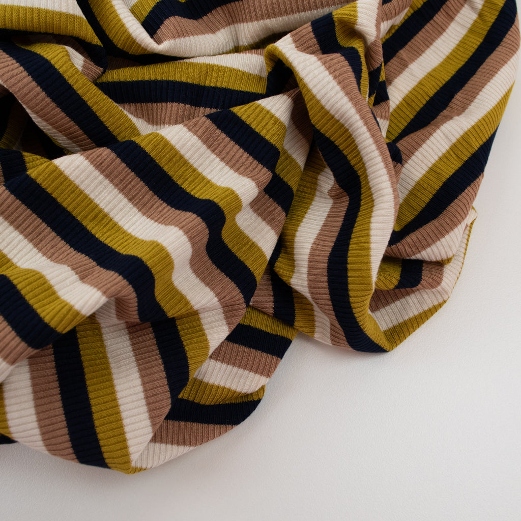 Retro Stripe Rib Rayon Jersey - Dark Navy, Mustard &amp; Beige