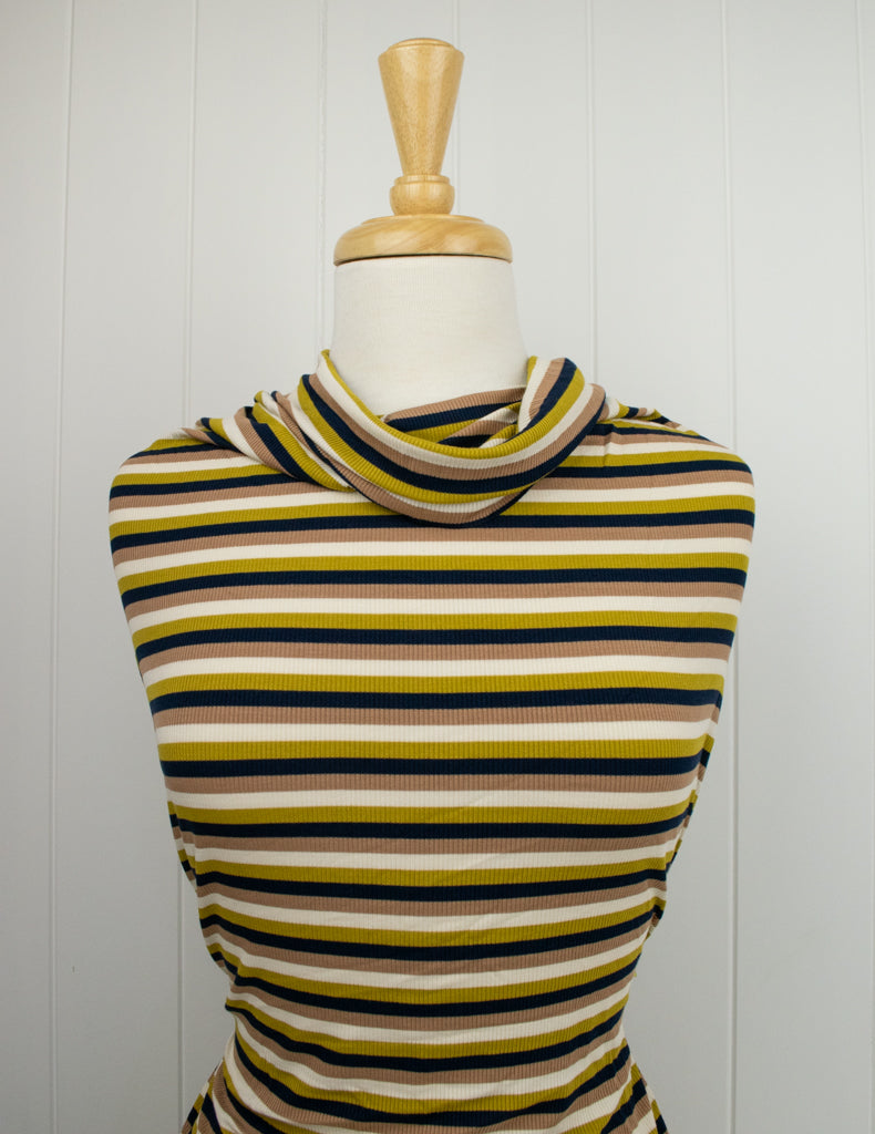 Retro Stripe Rib Rayon Jersey - Dark Navy, Mustard &amp; Beige