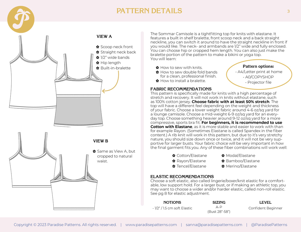 PDF Pattern - Sommar Camisole | Paradise Patterns