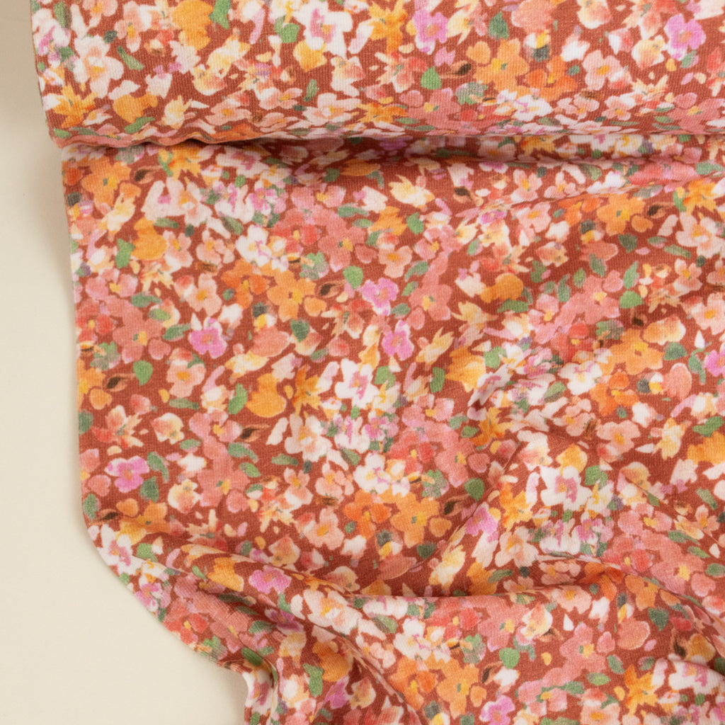 Cotton Jersey - Small Flowers - Deep Peach