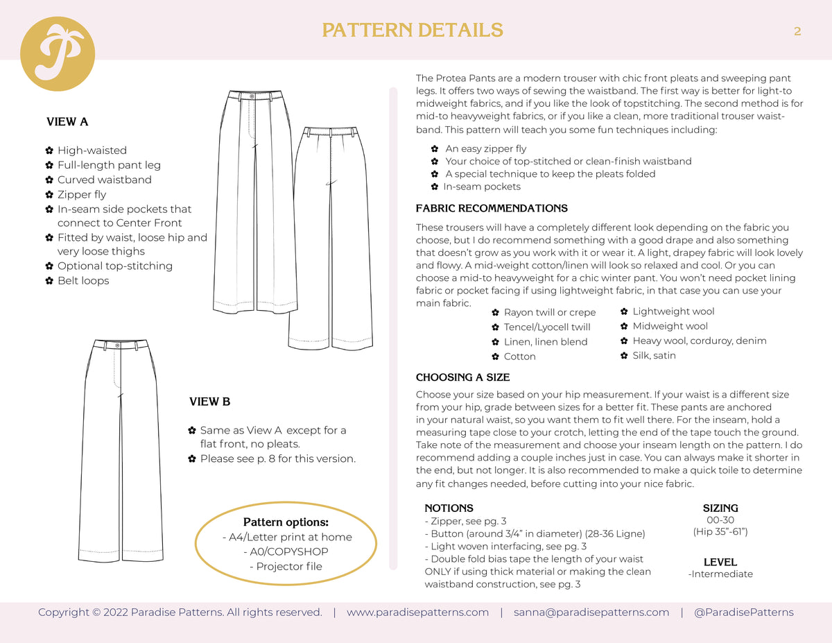 Maaidesign Patterns PDF Pattern - Protea Pants | Paradise Patterns – MaaiDesign Fabrics
