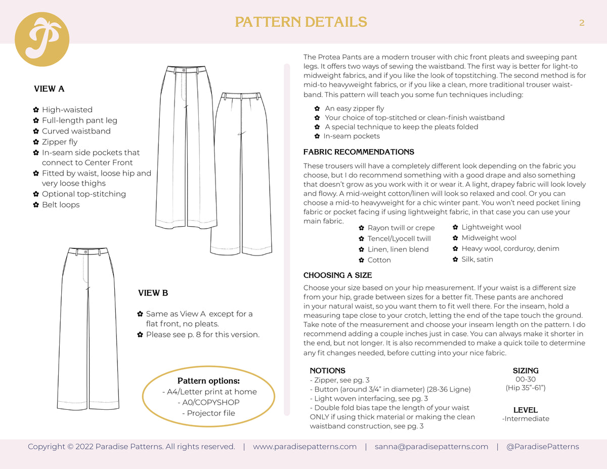 PDF Pattern - Protea Pants | Paradise Patterns