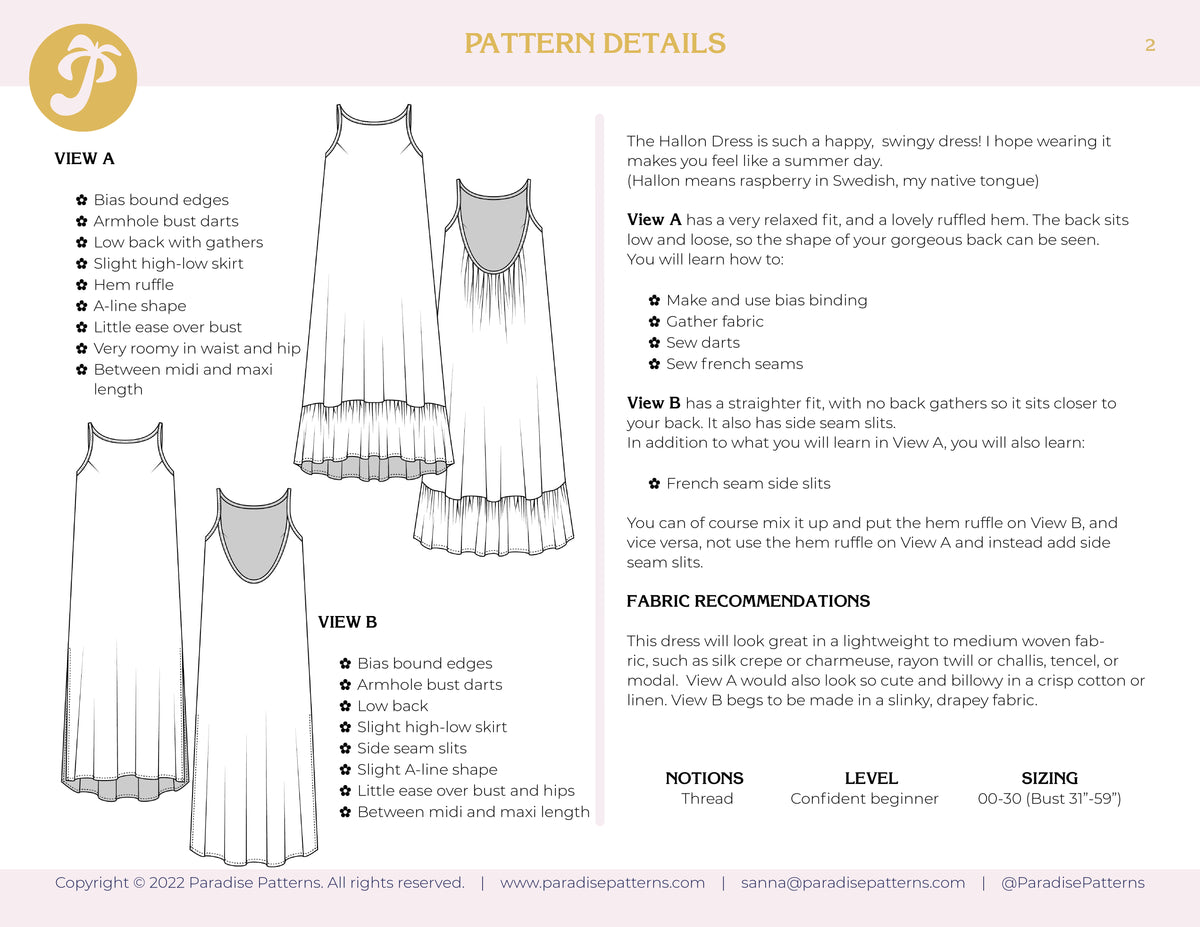 PDF Pattern - Hallon Dress | Paradise Patterns