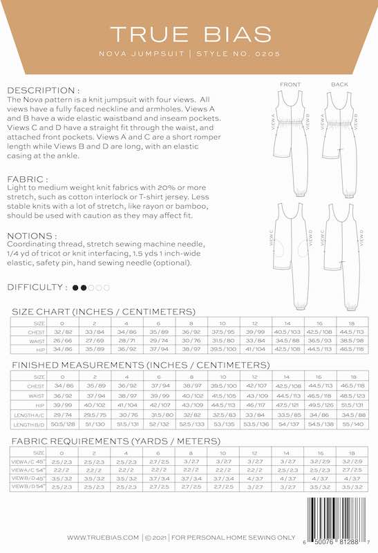 Nova Jumpsuit - Sewing Pattern | True Bias | Size 0-18